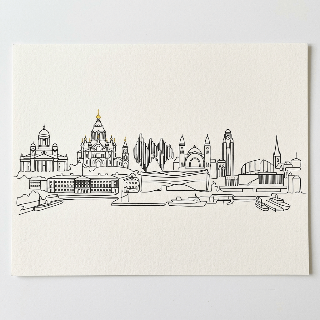 Minimalist black line drawing of city skyline with gold accents